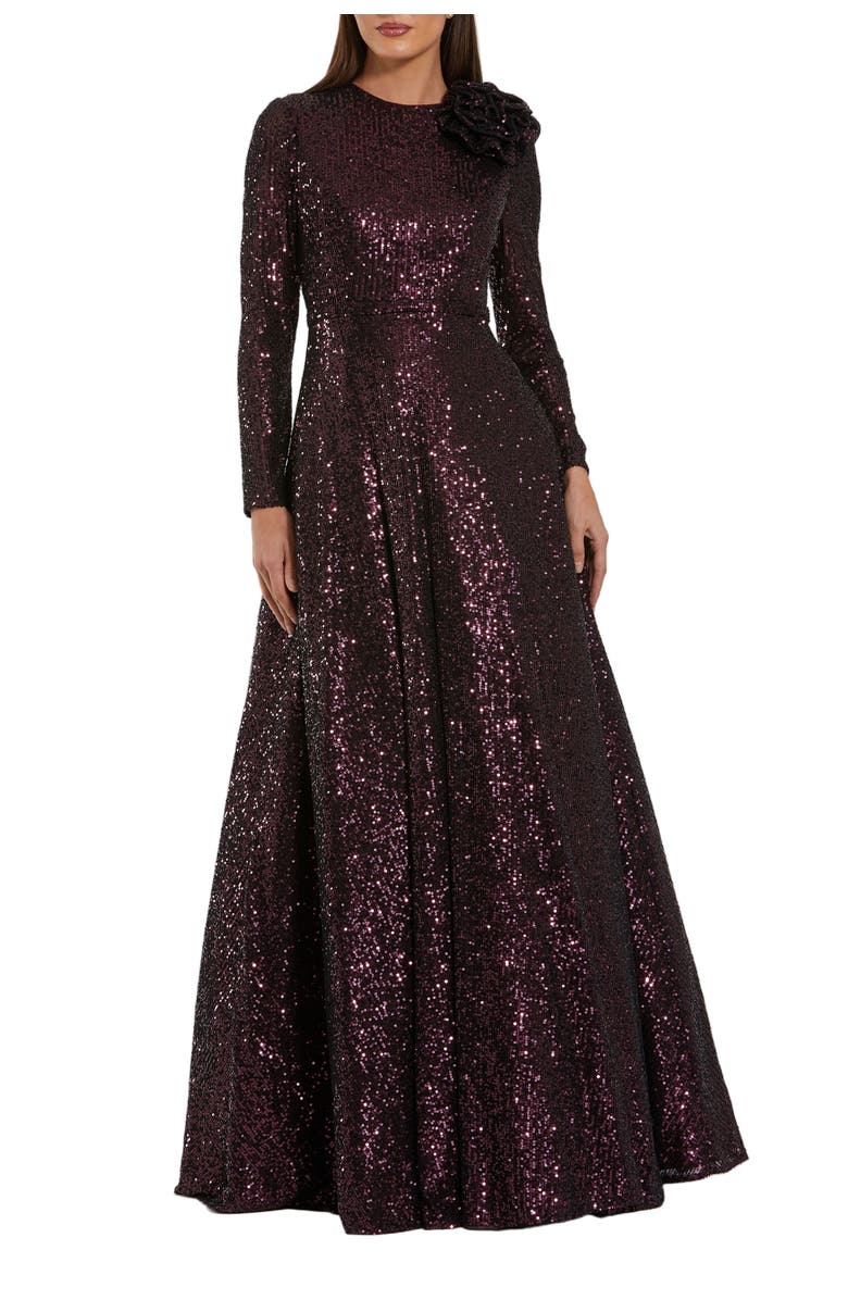 Mac Duggal Long Sleeve Sequin Ballgown With 3D Flower, Alternate, color, Amethyst