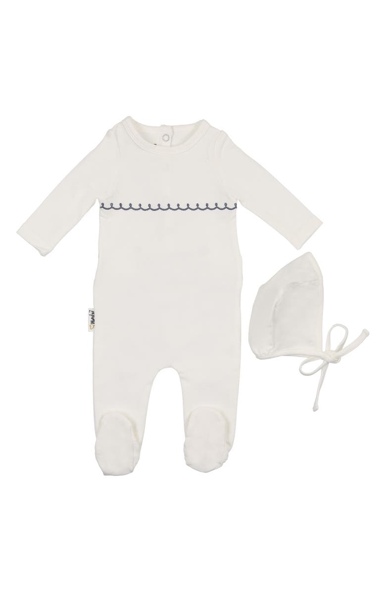 Manière Embroidered Yoke Footie & Hat Set, Main, color, Ivory Boys