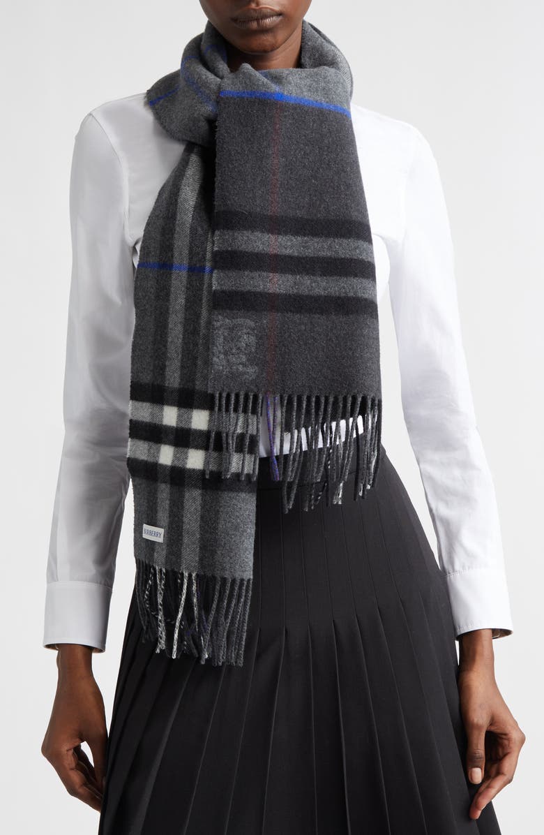 Burberry EKD Check Reversible Double Face Cashmere Fringe Scarf, Alternate, color, Marlborough/ Charcoal