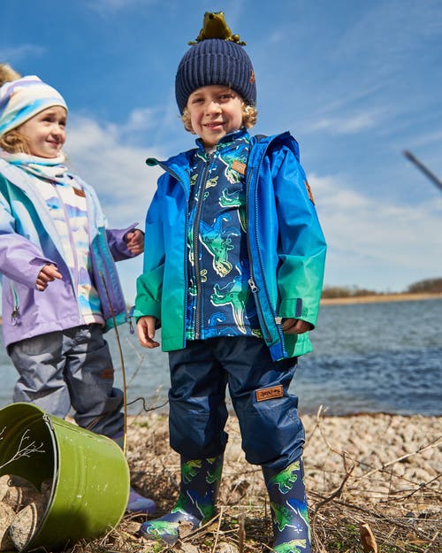 DEUX PAR DEUX DEUX PAR DEUX BOY'S PRINTED RAIN BOOTS BLUE AND GREEN DINO ON NAVY