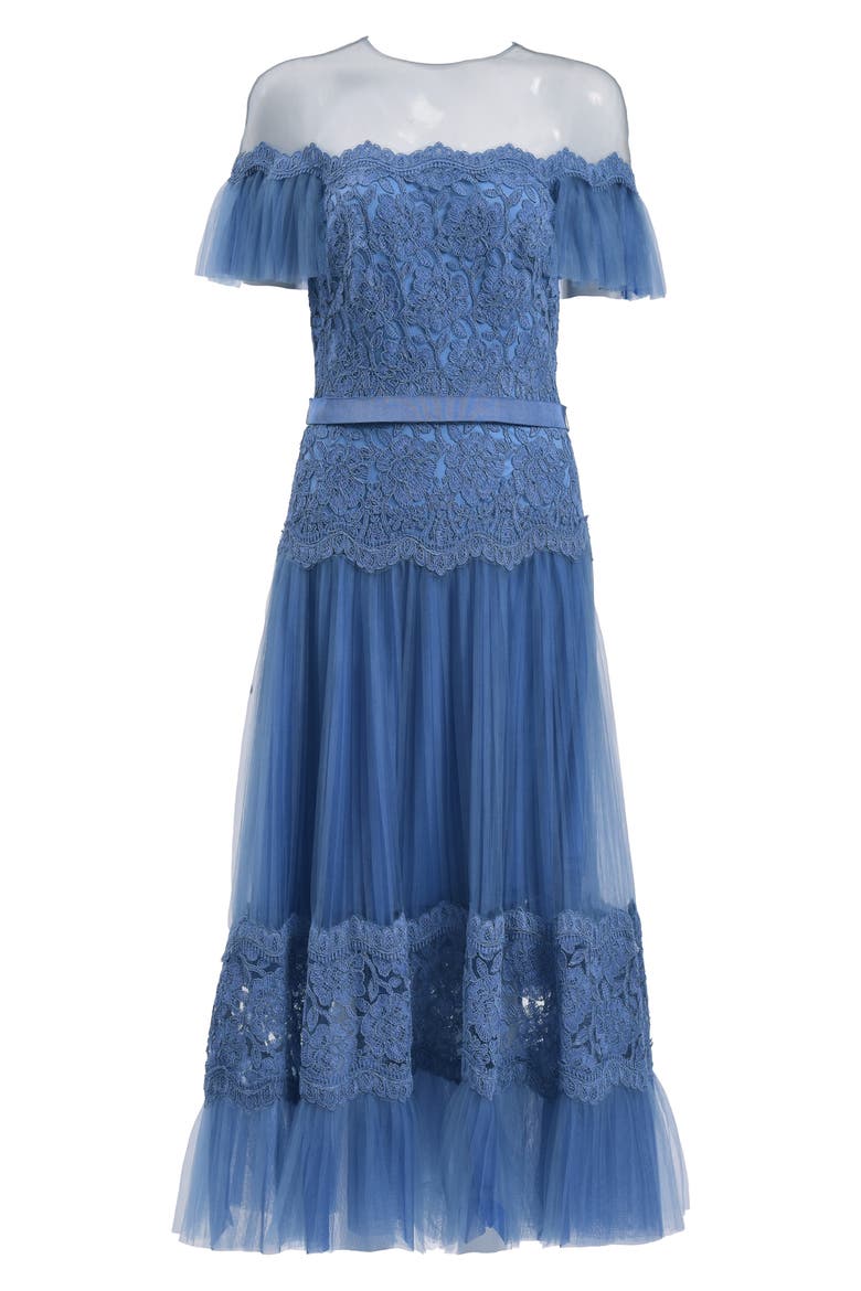 Mixed Media Lace & Tulle Cocktail Midi Dress, Alternate, color, BLUE STONE