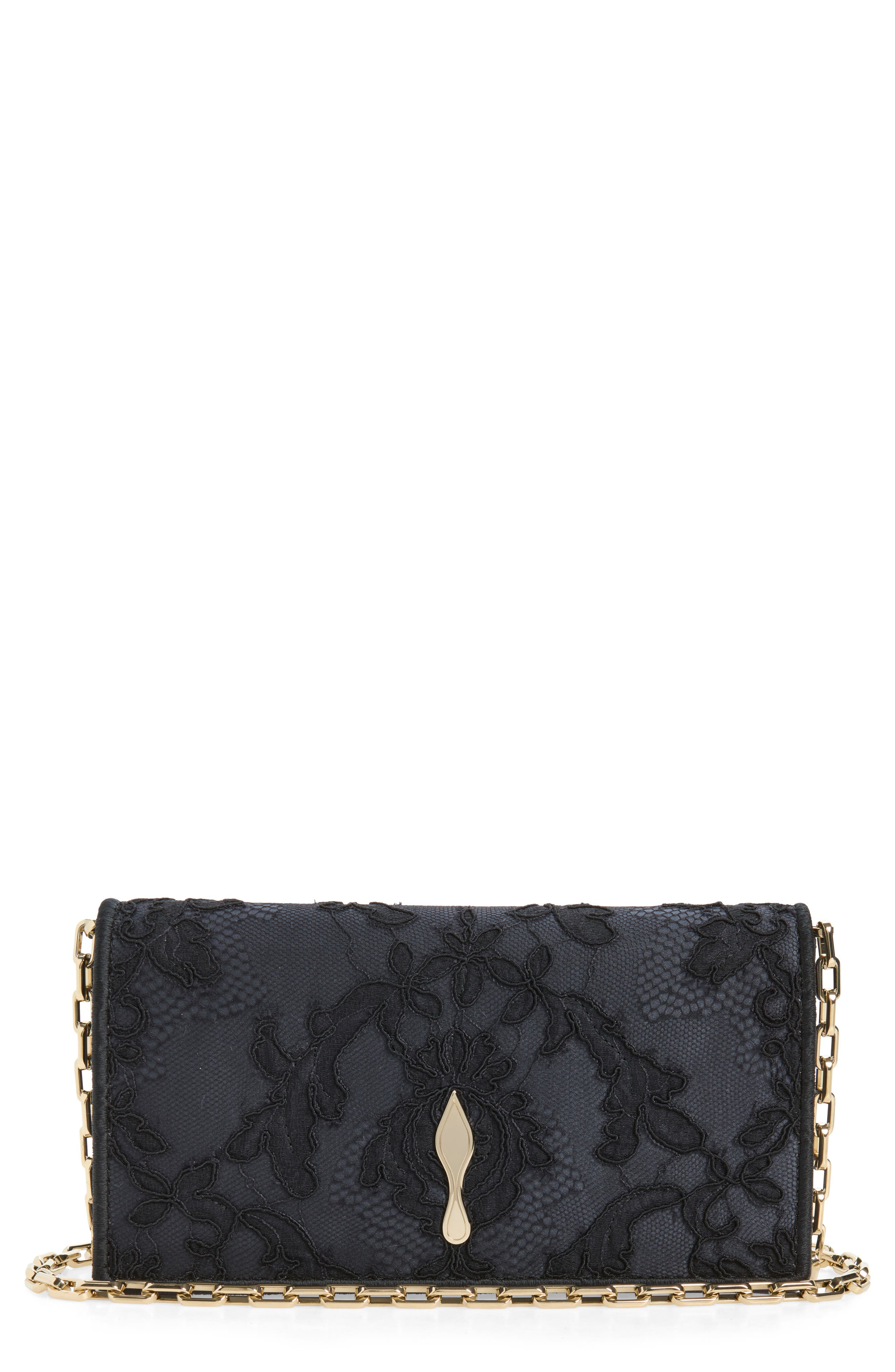 Bettina Chantilly Lace & Crepe Satin Clutch, Main, color, CM6S BLACK/ GOLD