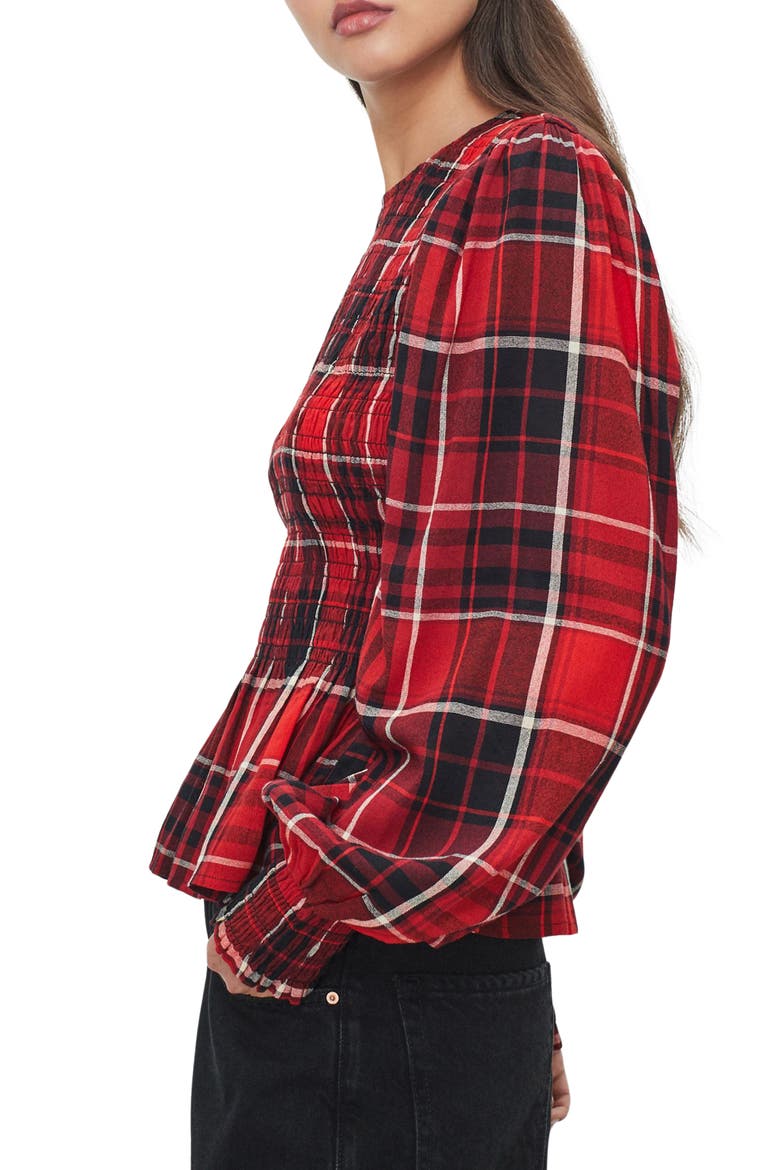 Plaid Smocked Peplum Cotton Blend Top, Alternate, color, RED