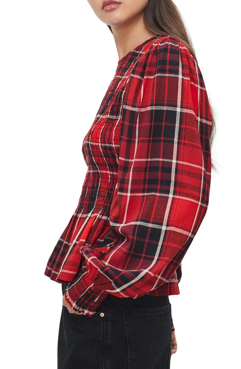 NEXT Plaid Smocked Peplum Cotton Blend Top, Alternate, color, Red