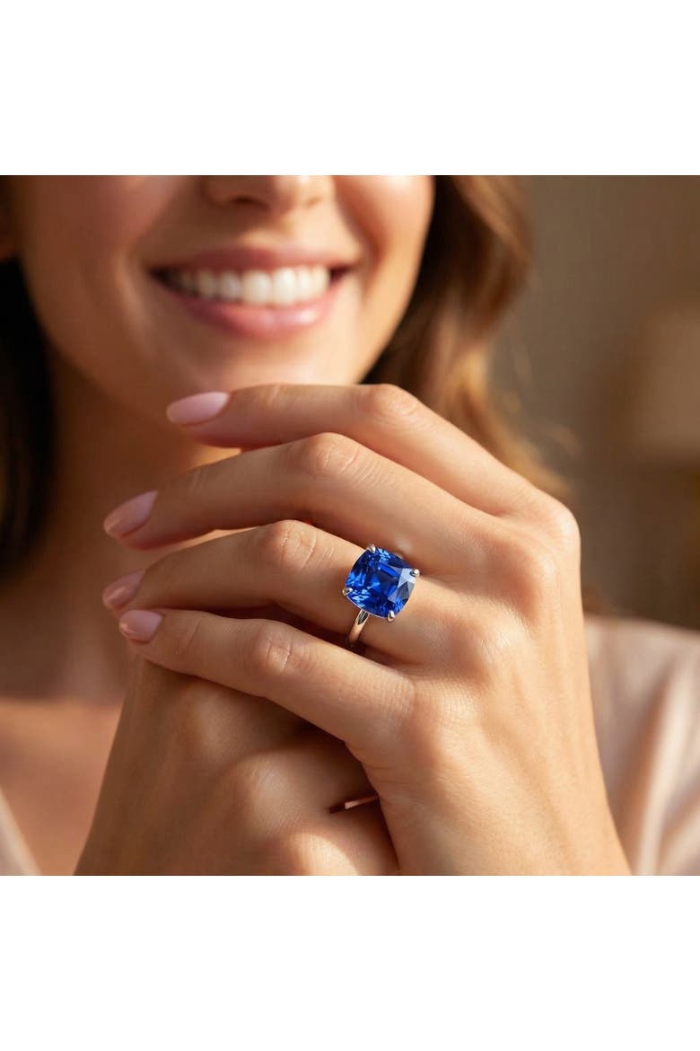 5Ct Cushion Blue Sapphire Solitaire Ring 14k Gold Lab Grown 10MM, Alternate, color, 14k Yellow Gold