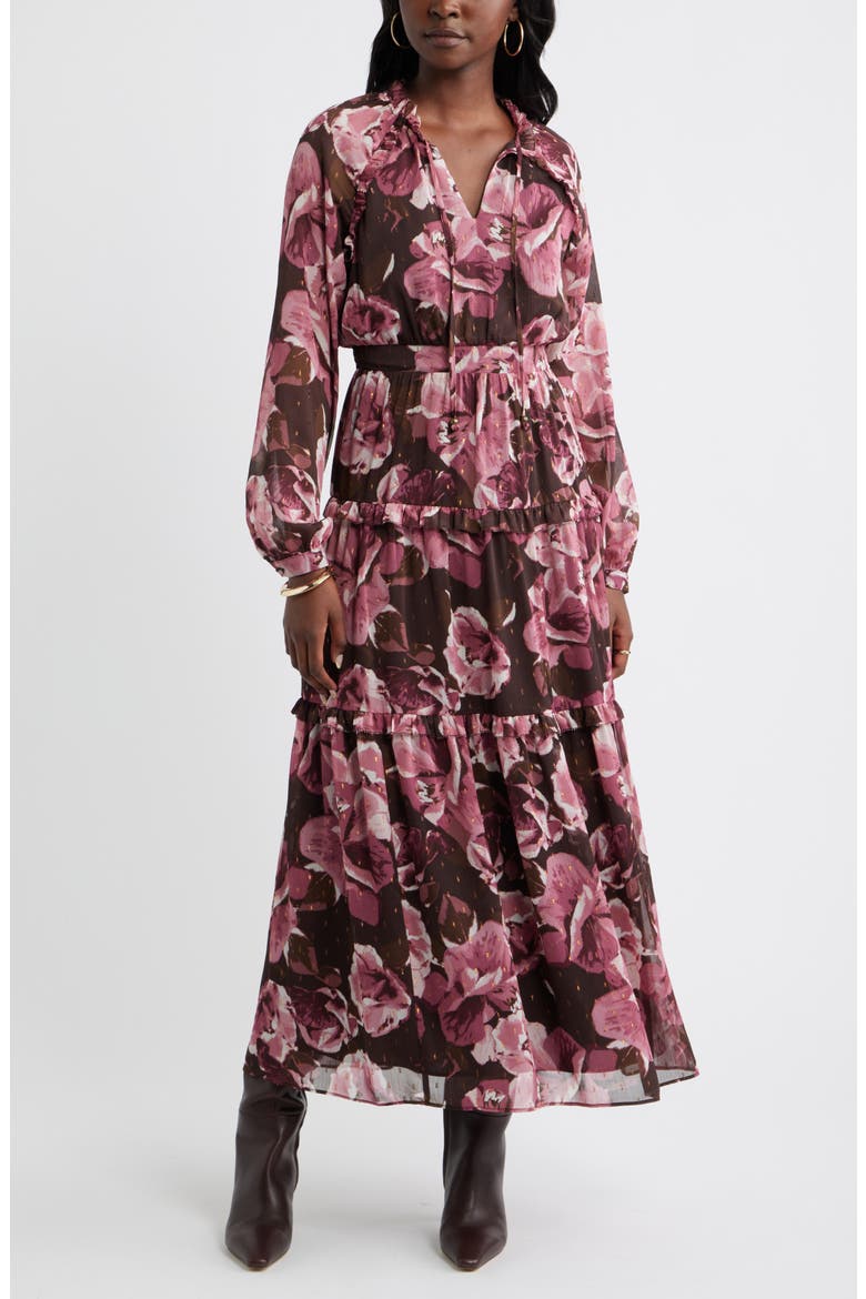 Floral Metallic Clip Dot Ruffle Tiered Midi Dress, Main, color, BROWN PINK WENDI FLORAL