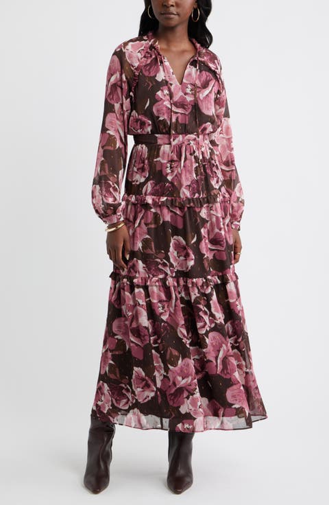 Floral Metallic Clip Dot Ruffle Tiered Midi Dress