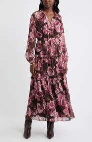 Chelsea28 Floral Metallic Clip Dot Ruffle Tiered Midi Dress