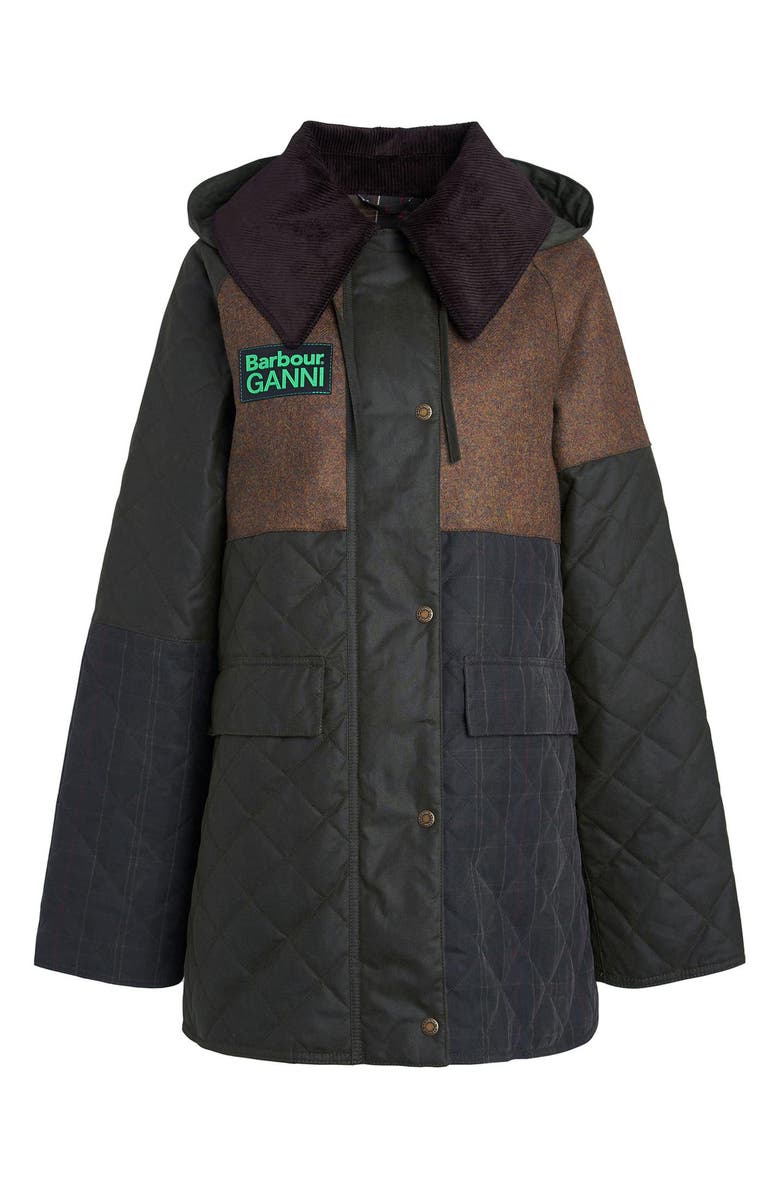 BARBOUR X GANNI Burghley Hooded Wool Contrast & Waxed Cotton Jacket, Alternate, color, 