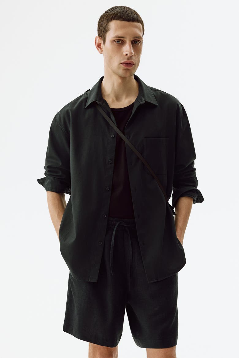 Relaxed-Fit Linen-Blend Shorts, Alternate, color, Black