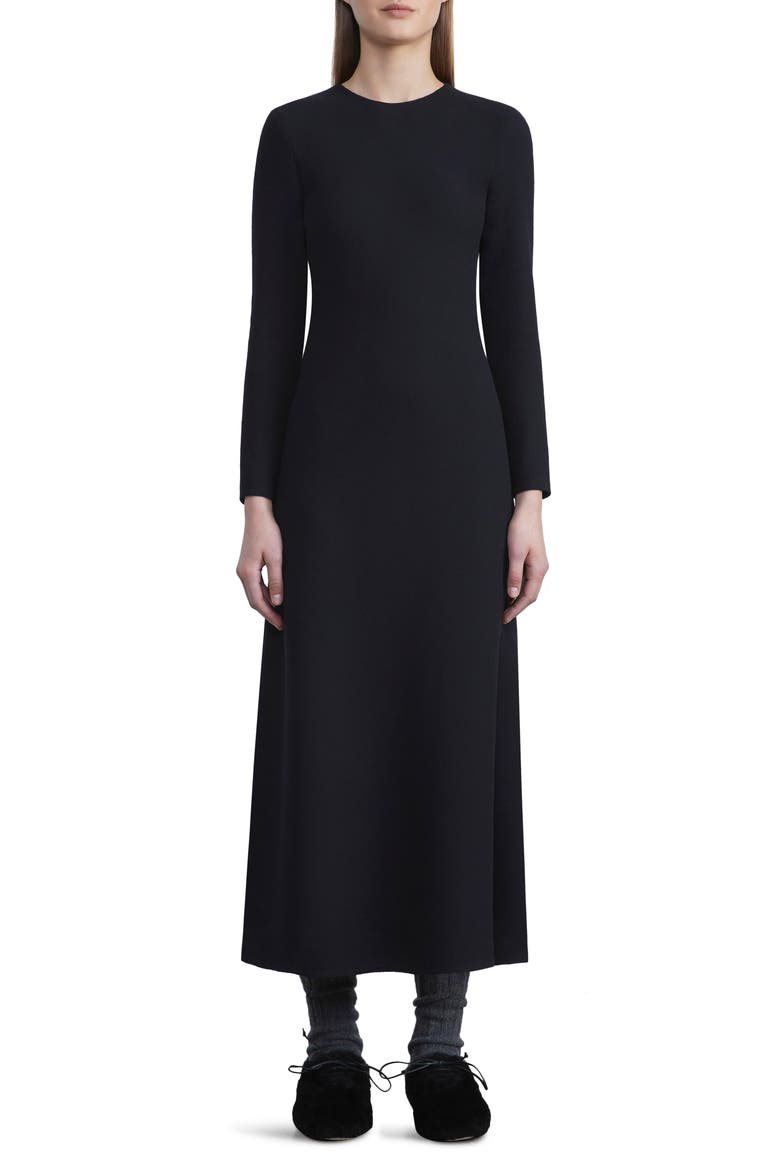 Keyhole Back Wool Nouveau Crepe Midi Dress, Main, color, BLACK