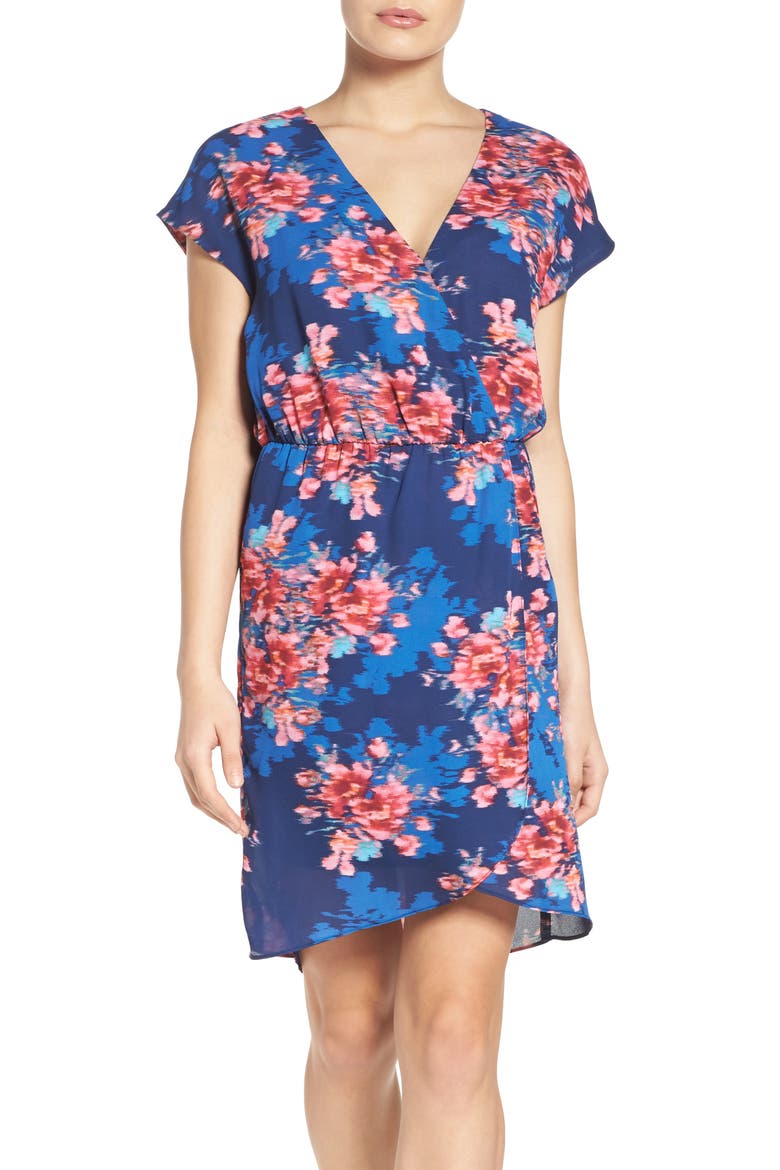 Faux Wrap Dress, Main, color, NAVY/ FUCHSIA FLORAL