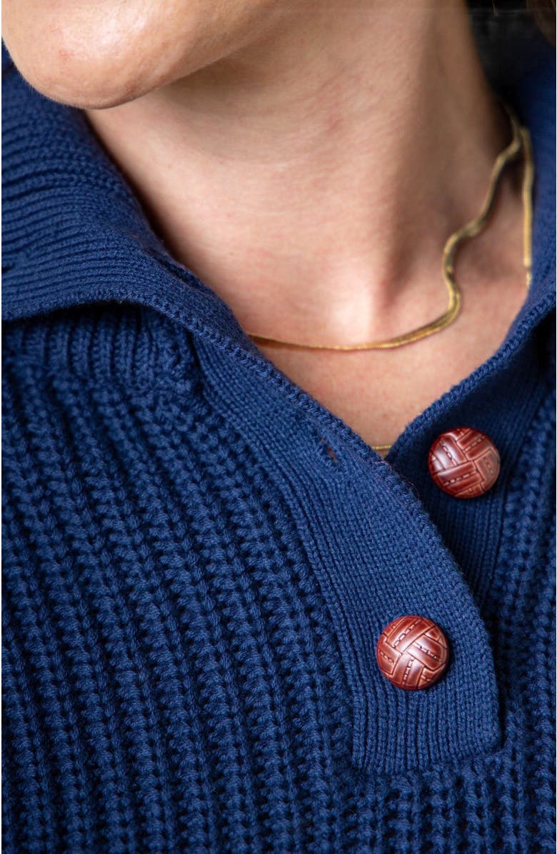 Hope & Henry Women's Organic Spread Collar Sweater, Alternate, color, Navy Cardigan Stitch