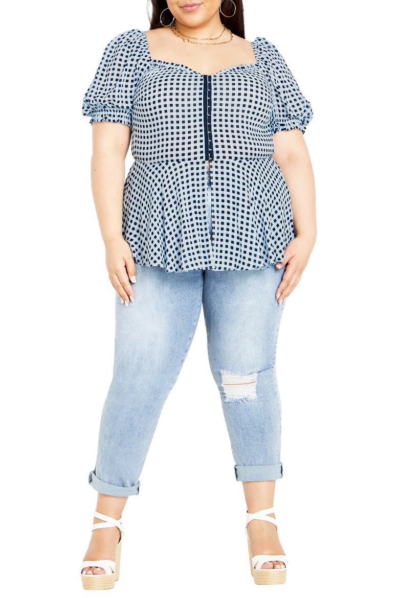 Isobel Gingham Puff Sleeve Peplum Top, Alternate, color, NAVY CHECK