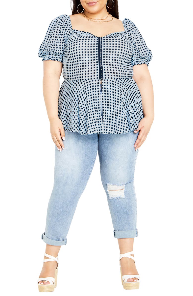 City Chic Isobel Gingham Puff Sleeve Peplum Top, Alternate, color, Navy Check