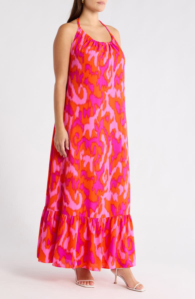 SUGARLIPS Charly Abstract Solita Halter Maxi Dress, Alternate, color, Orange Fuchsia