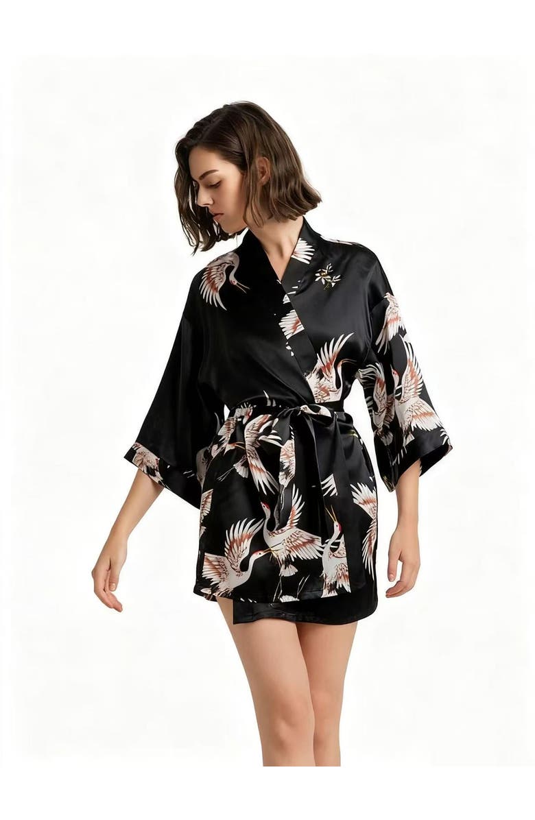SILKSILKY 19Momme Pure Silk Printed Short Robe, Main, color, Black