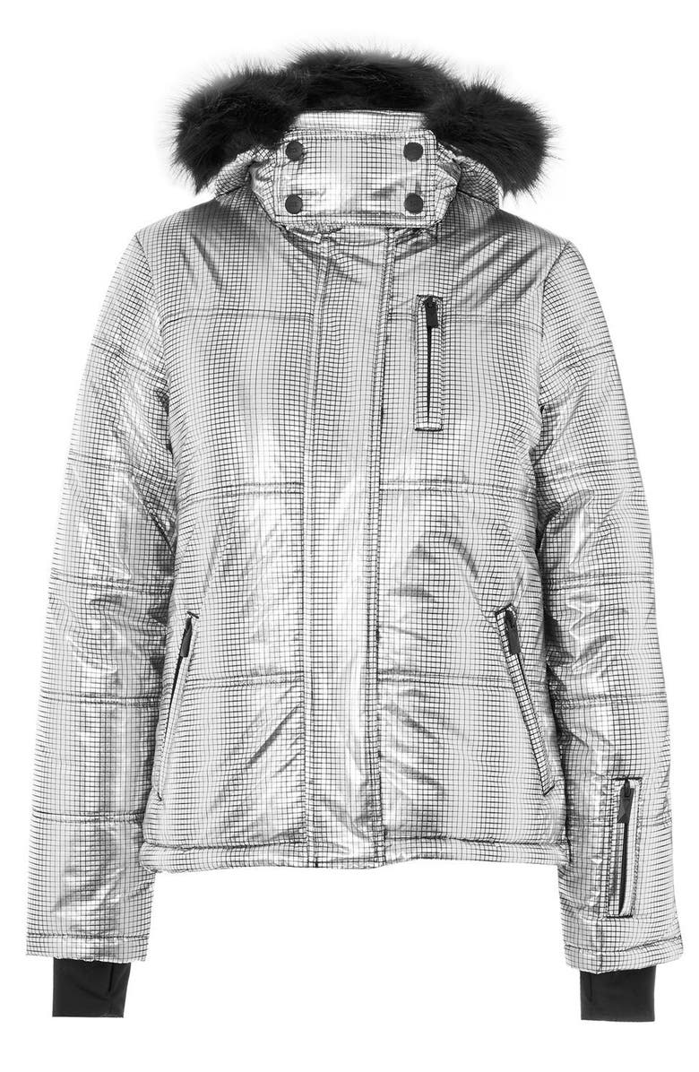 Topshop SNO Rio Faux Fur Hood Metallic Puffer Jacket, Alternate, color,