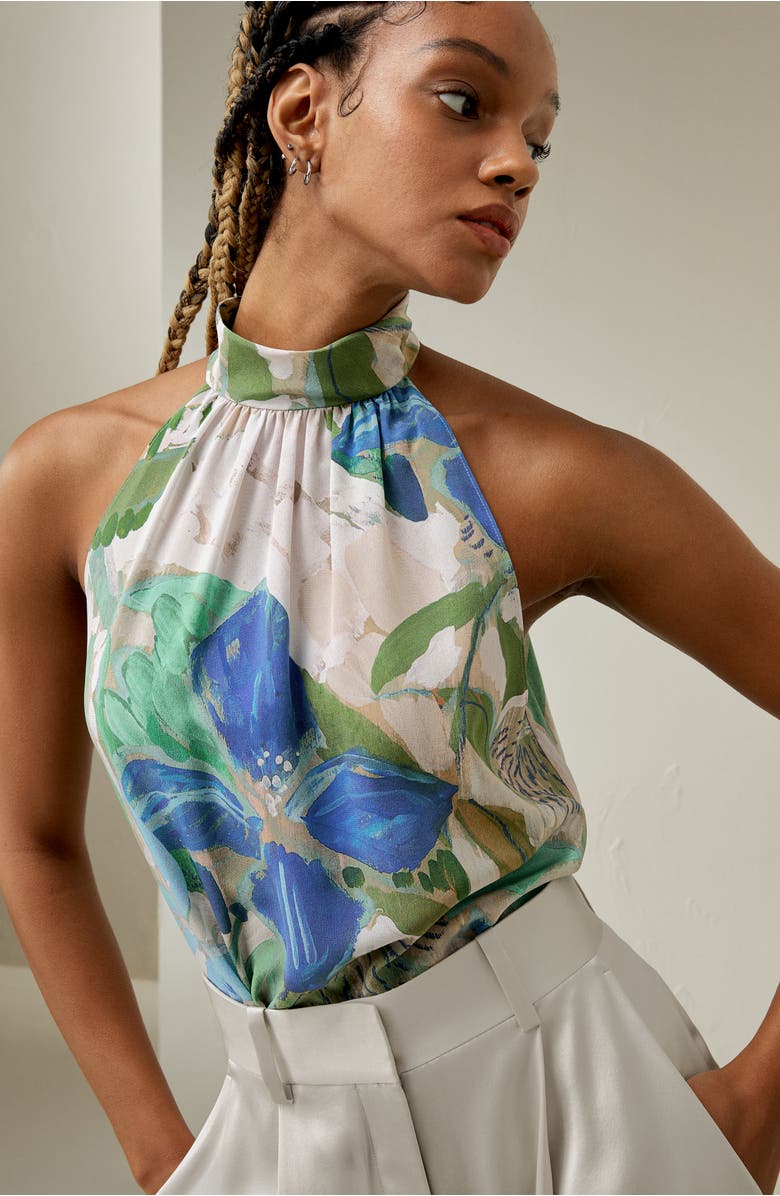 Lilysilk Praslin Mock Neck Silk Top, Alternate, color, Oil Painting Floral Pattern