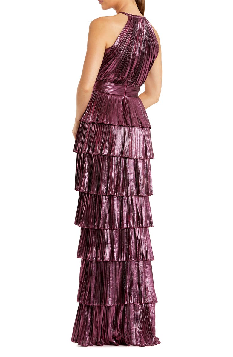 Mac Duggal High Neck Heat Pleated Tiered Ruffle Metallic Gown, Alternate, color, Rose