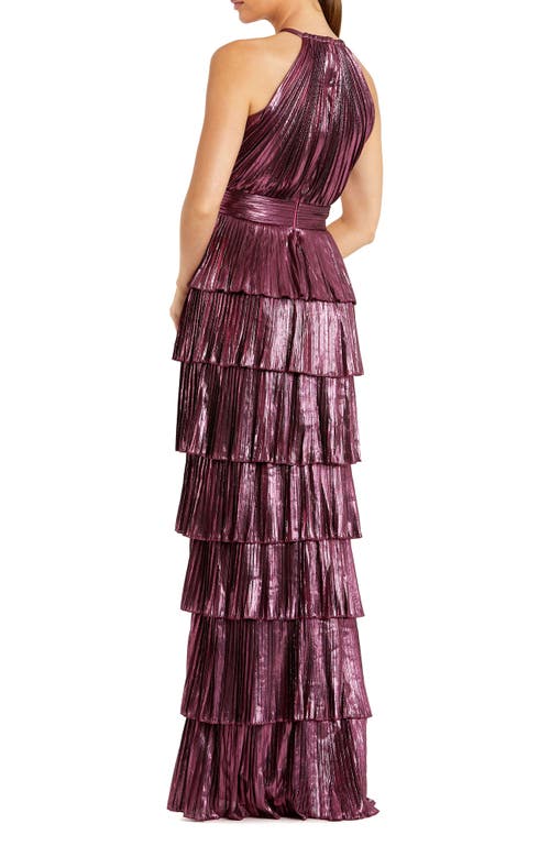 Mac Duggal High Neck Heat Pleated Tiered Ruffle Metallic Gown In Pink