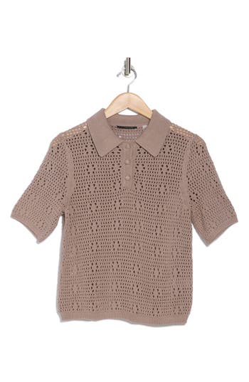 T Tahari Crochet Polo Sweater In Buff Stone