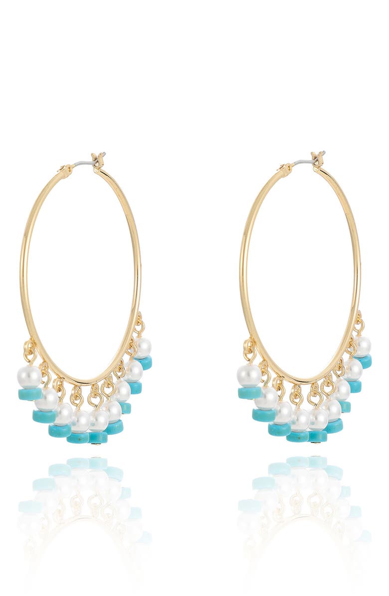 Ettika Reconstituted Turquoise & Faux Pearl Dangle Hoop Earrings, Alternate, color, Turquoise