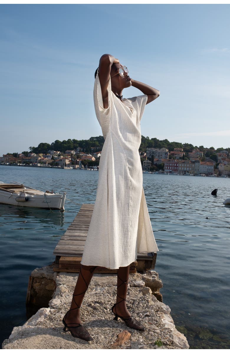 Untitled in Motion Zena Striped V-Neck Printed Midi Dress, Alternate, color, Mali Stripe