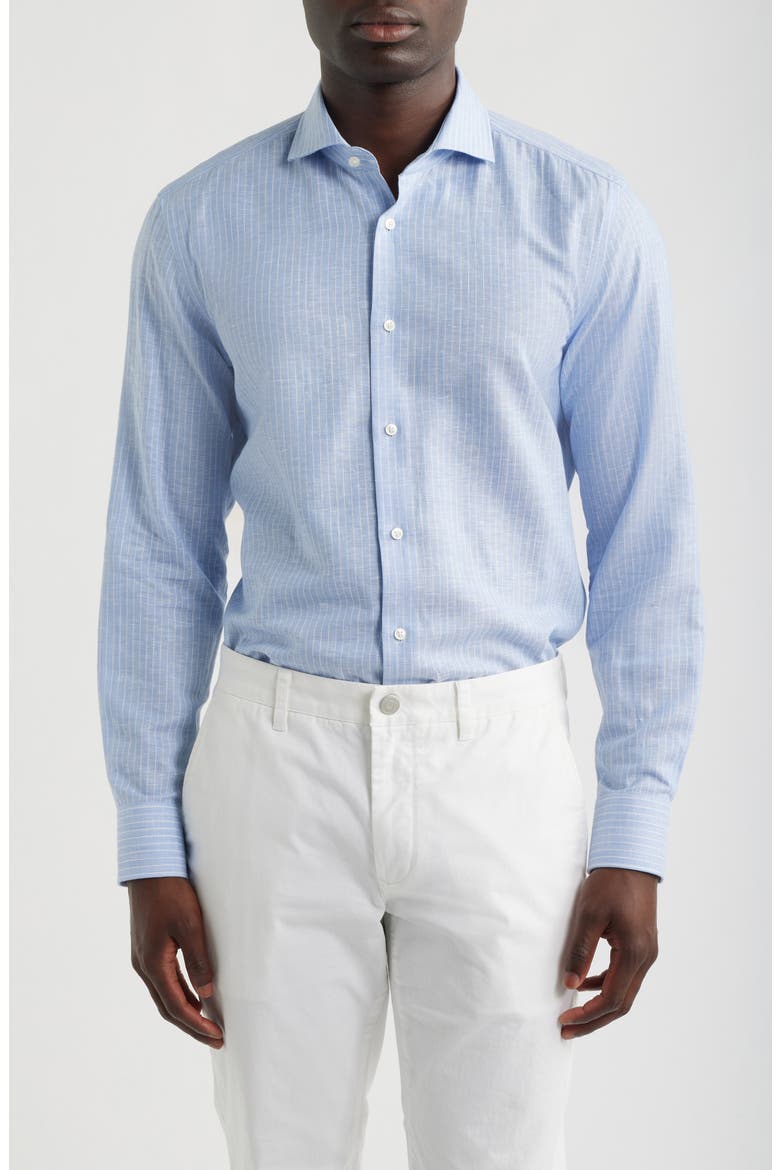 Hank Slim Fit Plaid Linen & Cotton Shirt, Main, color, LIGHT/ PASTEL BLUE