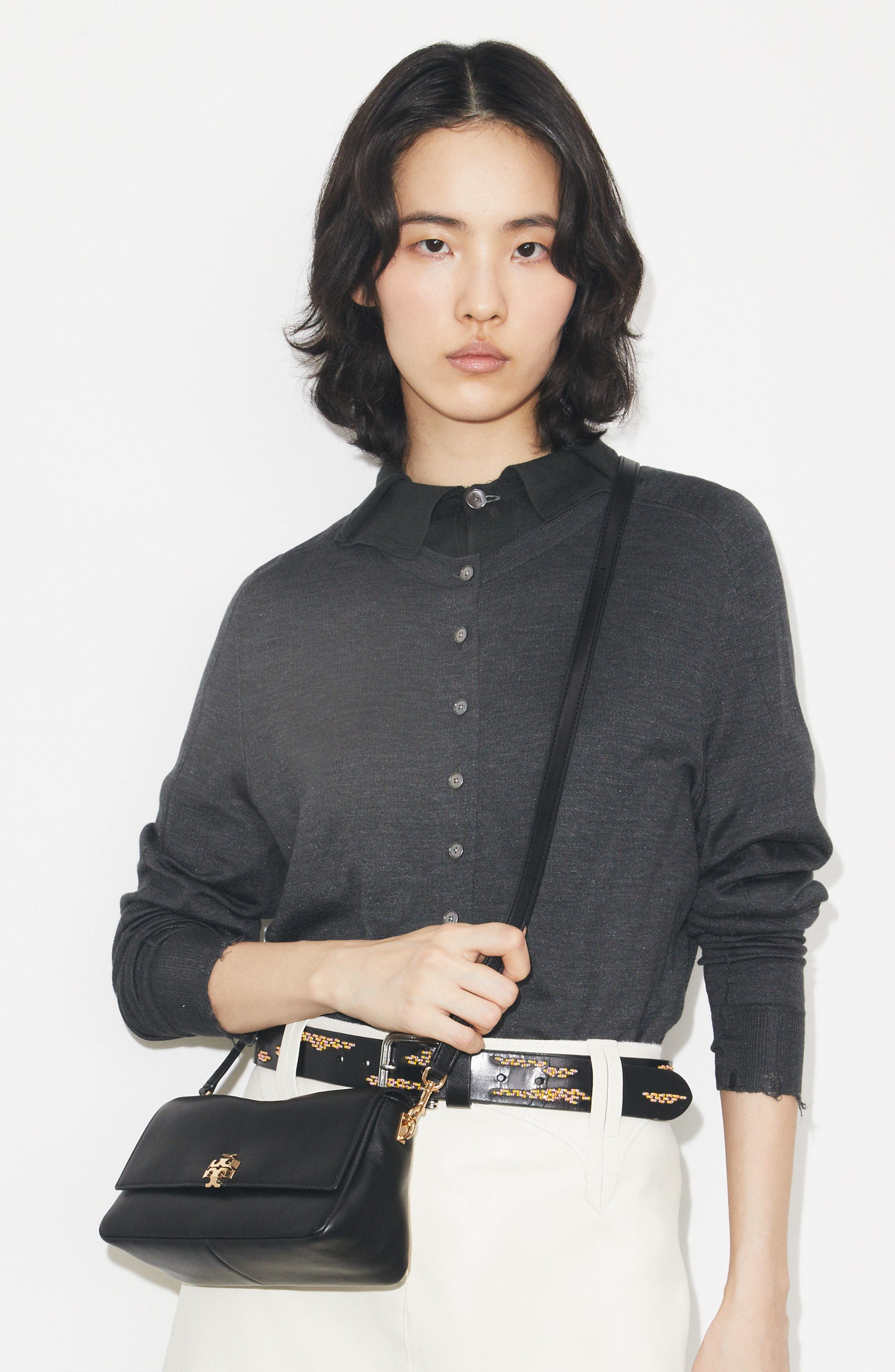 Tory Burch Small Charlie Leather Shoulder Bag, Alternate, color, Black