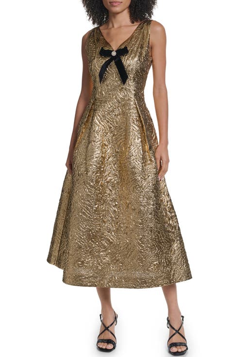 Metallic Floral Jacquard Cocktail Midi Dress