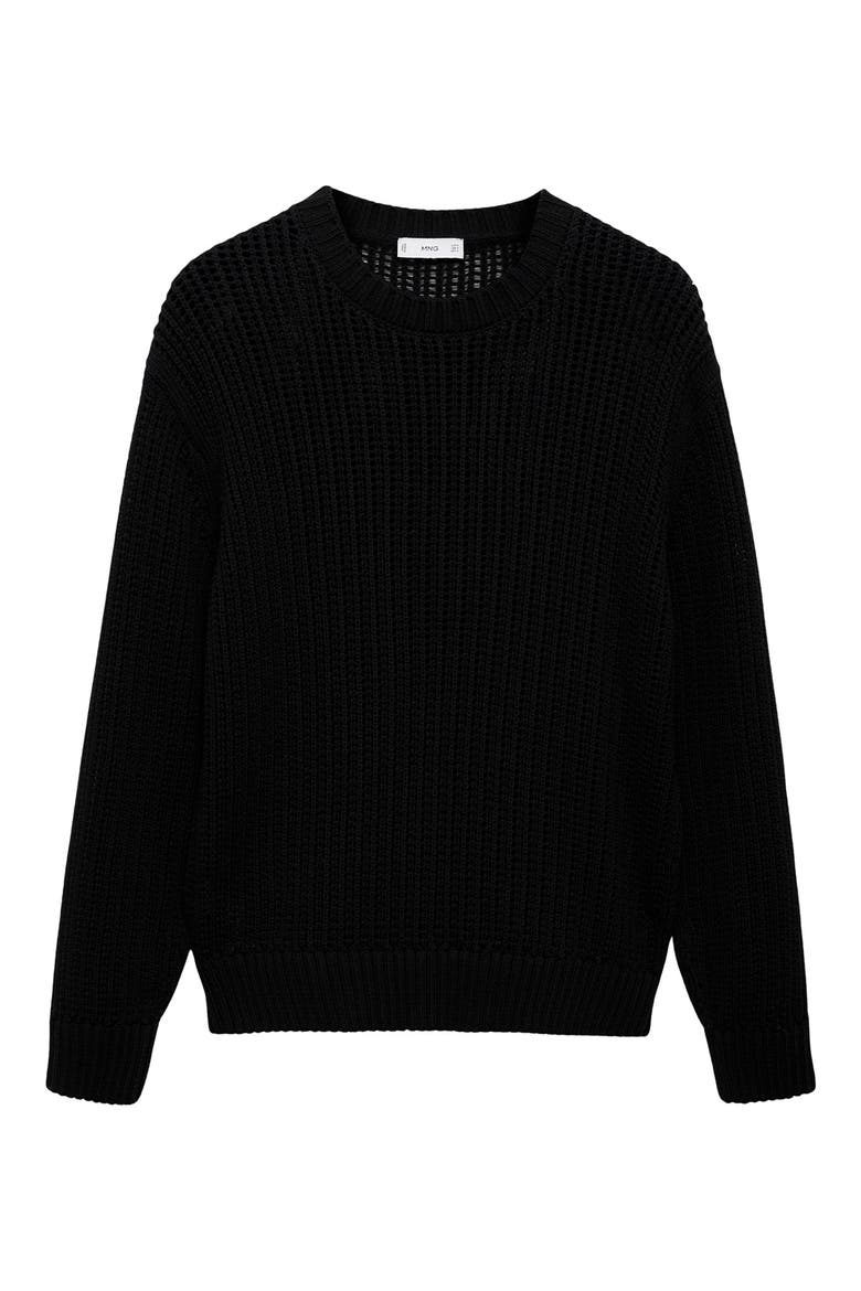 Oversize Openwork Cotton Crewneck Sweater, Alternate, color, BLACK