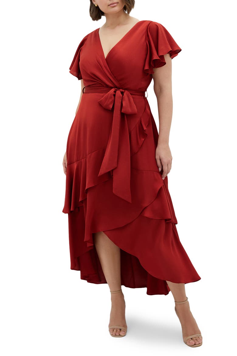 Jen Ruffle Faux Wrap Satin Dress, Main, color, TOFFEE