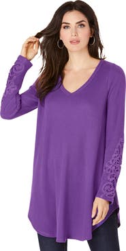 Roaman's Plus Size Knit Thermal Lace Trim Tunic Long Sleeve