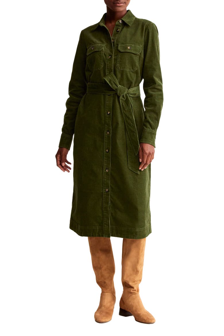 Eloise Long Sleeve Tie Waist Stretch Cotton Corduroy Shirtdress, Main, color, KALE
