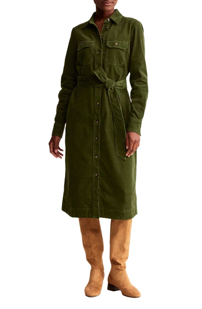 Boden Eloise Long Sleeve Tie Waist Stretch Cotton Corduroy Shirtdress, Main, color,
