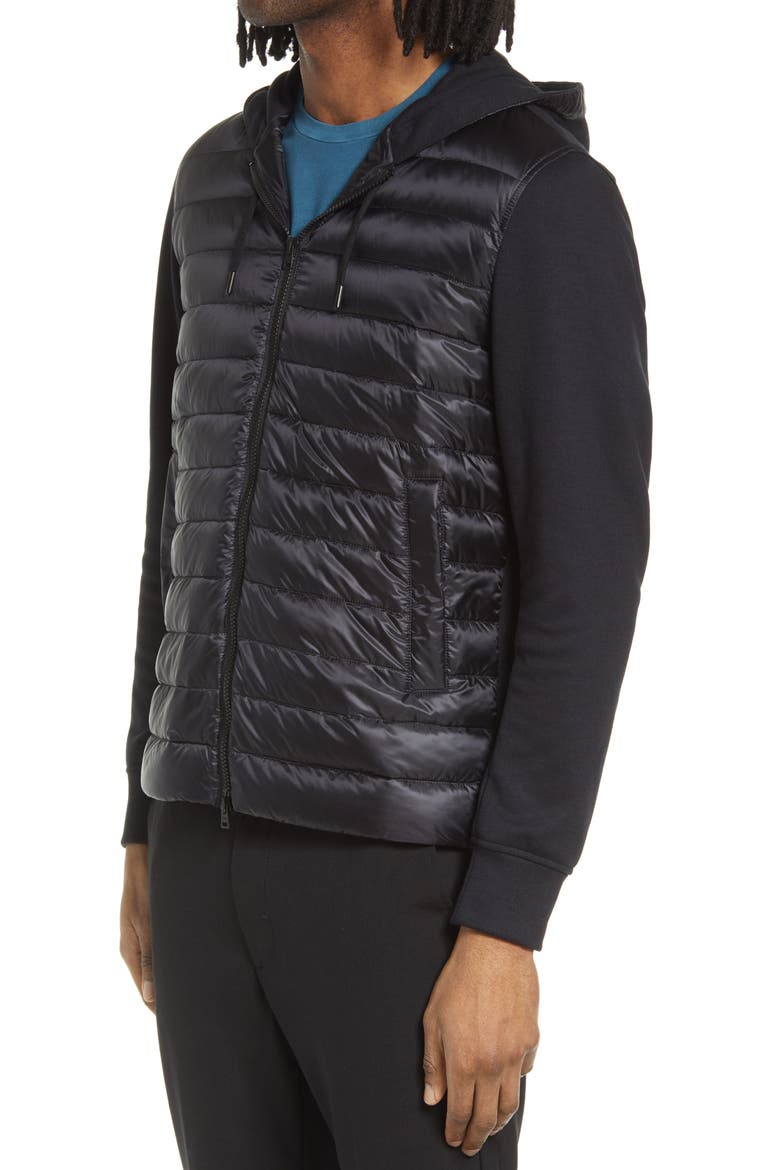 Men's Fleece & Quilted Down Hooded Jacket, Alternate, color, NERO