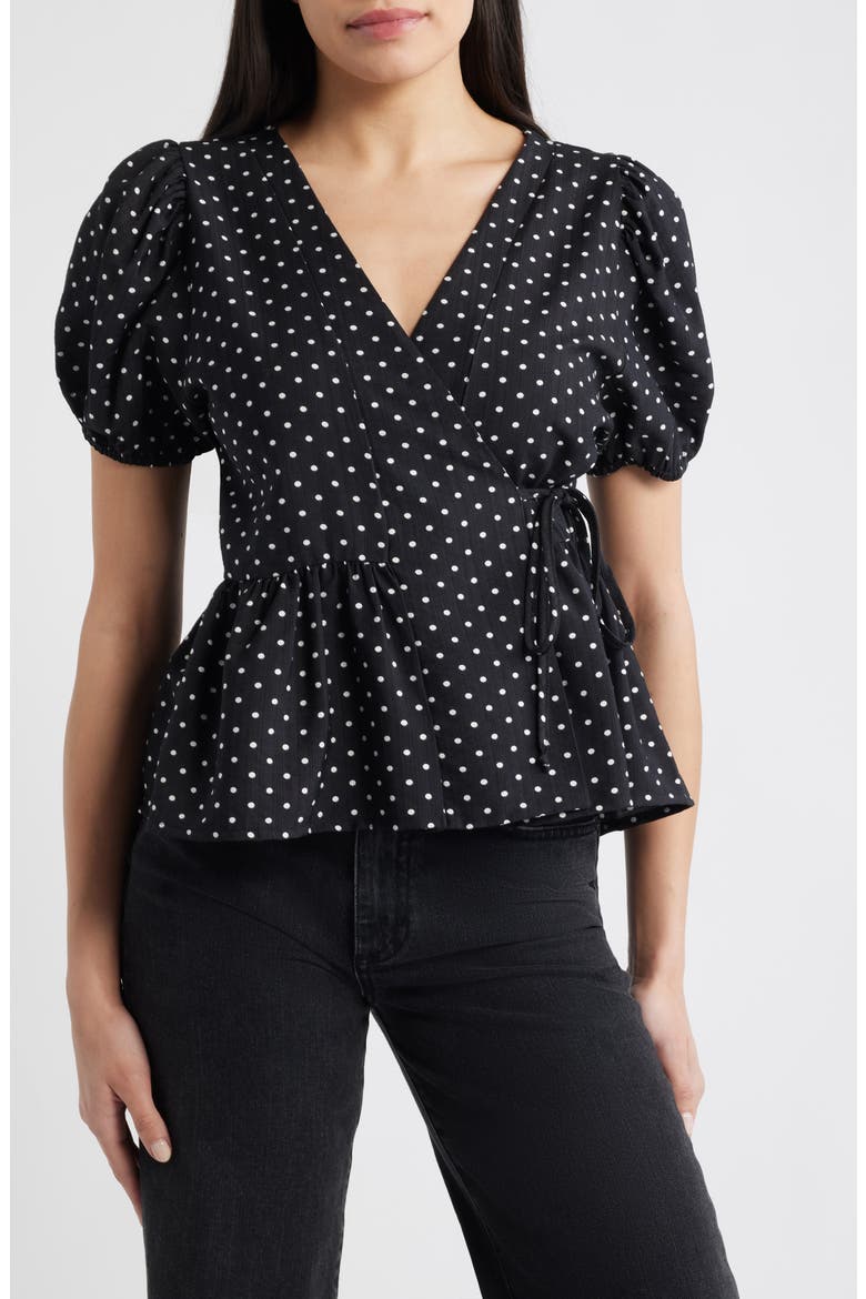 Polka Dot Wrap Top, Main, color, BLACK/ IVORY