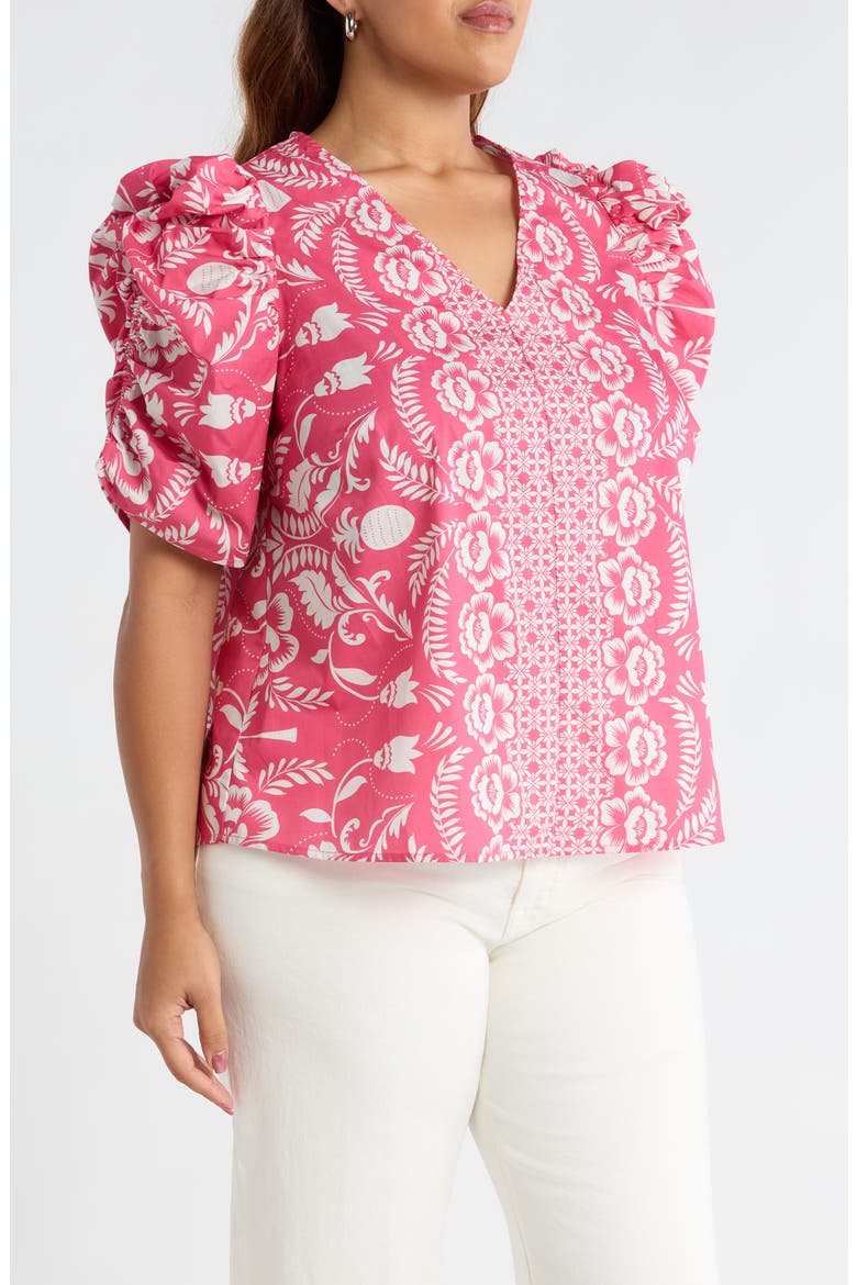 Rania Floral Chancellor Ruched Sleeve Cotton Top, Alternate, color, PINK-WHITE