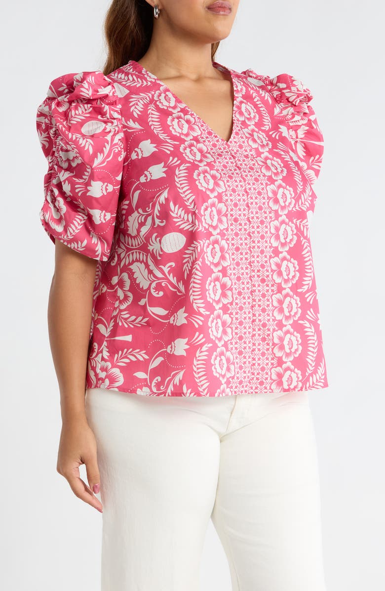 SUGARLIPS Rania Floral Chancellor Ruched Sleeve Cotton Top, Alternate, color, Pink-White