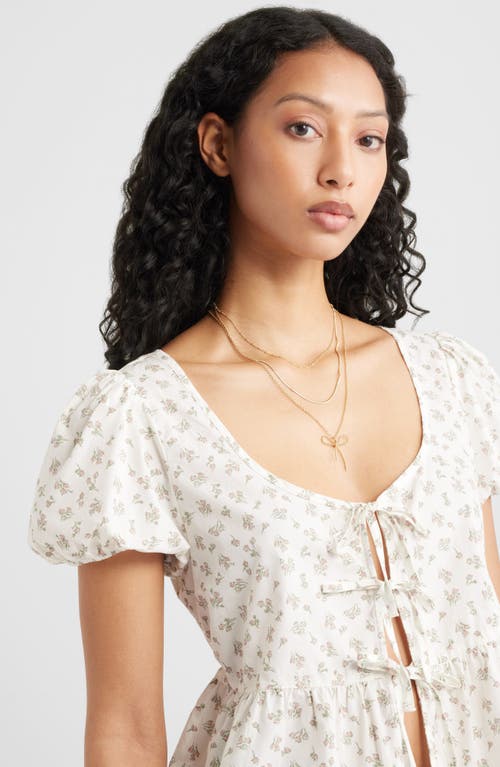 Bp. Tie Front Cotton Poplin Top In Ivory- Pink Sprig Ditsy