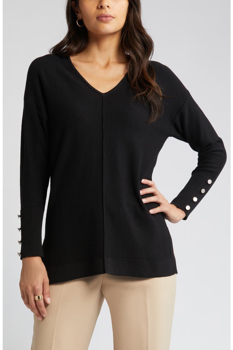 Button Cuff V-Neck Sweater, Alternate, color, ANNE BLACK