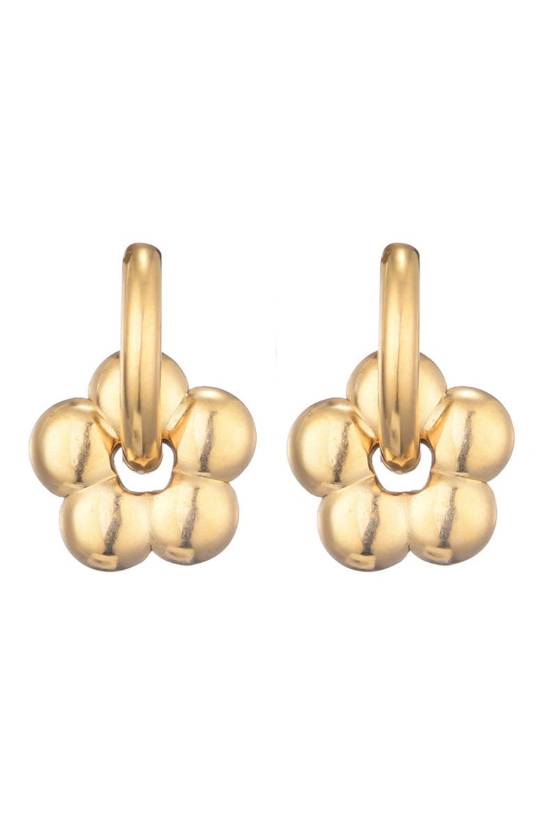 Tarnish Resistant Flower Drop Huggie Hoop Earrings, Alternate, color, GOLD