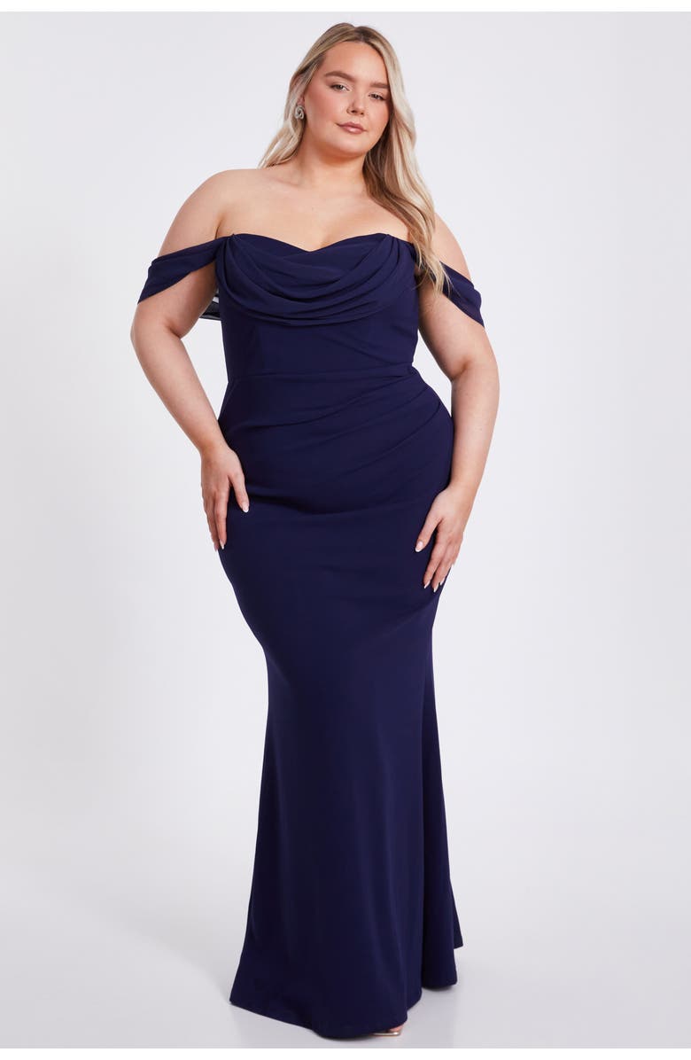 QUIZ Plus Size Scuba Crepe/Chiffon Bardot Maxi Dress, Main, color, Navy