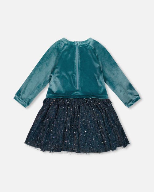 Deux Par Deux Long Sleeve Bi-material Velvet And Pleated Mesh Dress In Blue