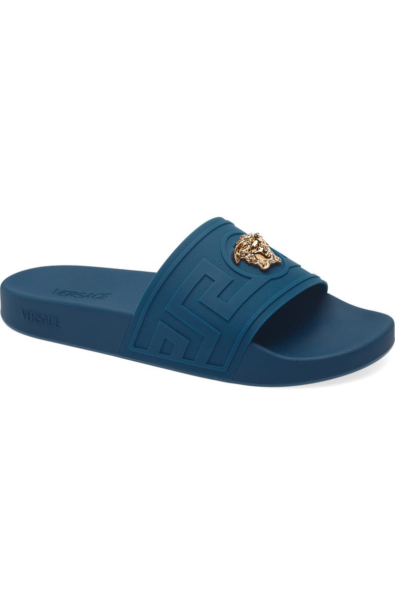 Versace La Medusa Slide Sandal, Main, color, Petrol Blue Gold