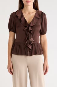 T Tahari Puff Sleeve Ruffle Peplum Top