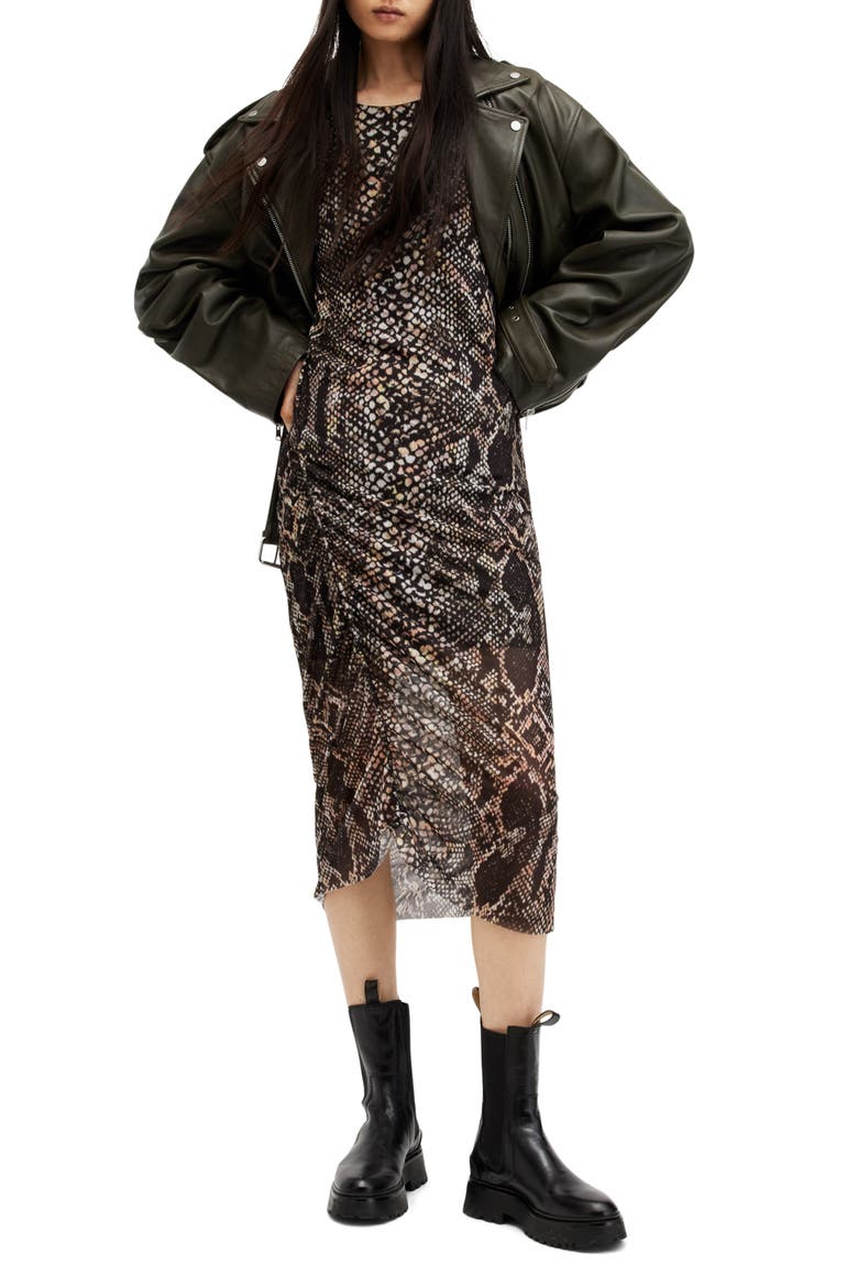 Nora Waimea Snakeskin Print Long Sleeve Dress, Alternate, color, BLACK