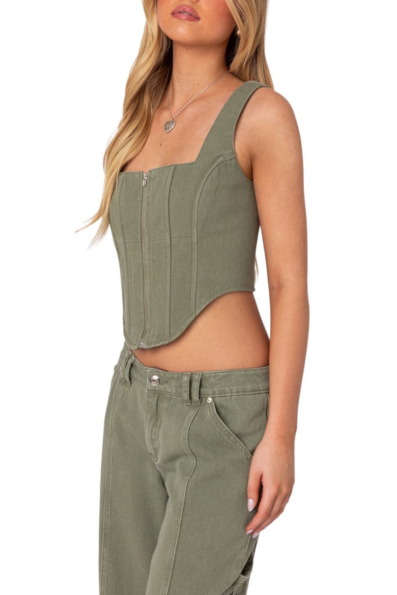 Lottie Washed Denim Crop Corset Top, Alternate, color, OLIVE
