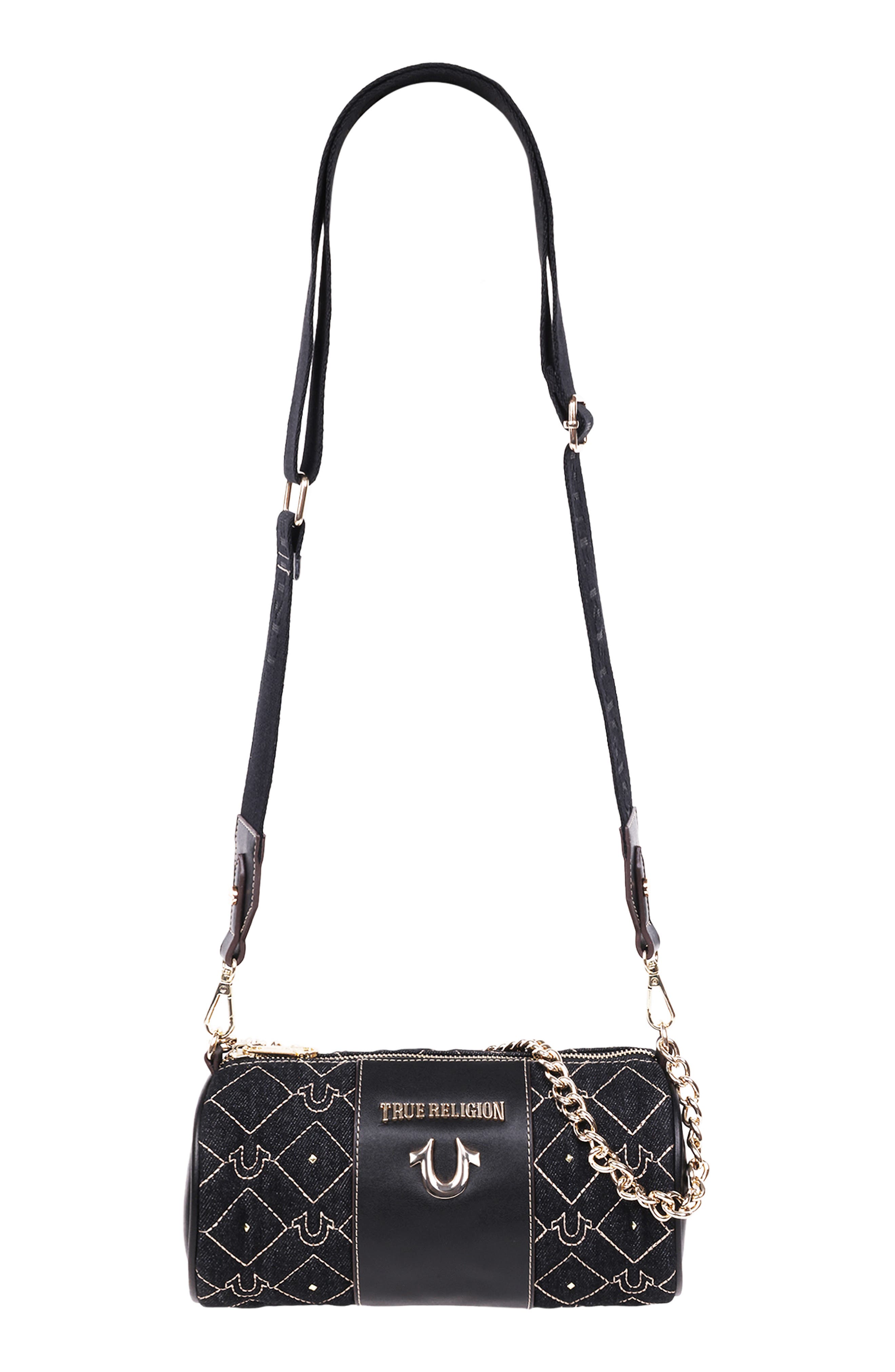 True Religion Studded Horseshoe Denim Barrel Bag, Alternate, color, 